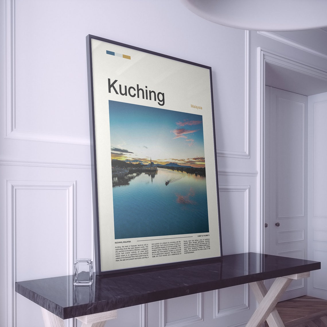 Kuching Malaysia Waterfront Dusk Boat River Reflection Poster - Image 2