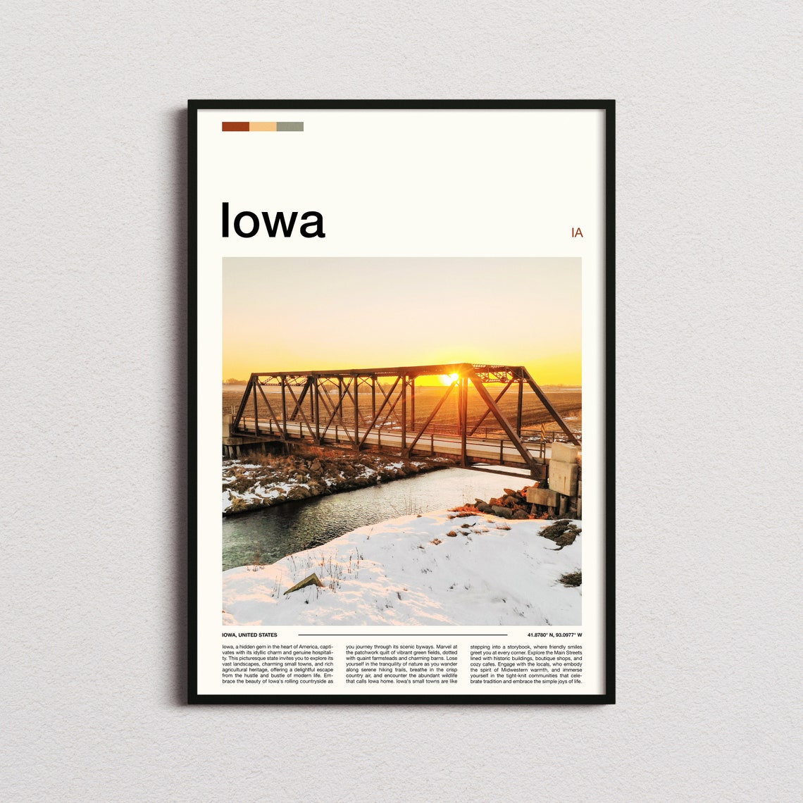 Iowa Rustic Steel Truss Bridge Sunset Snowy River Landscape Poster