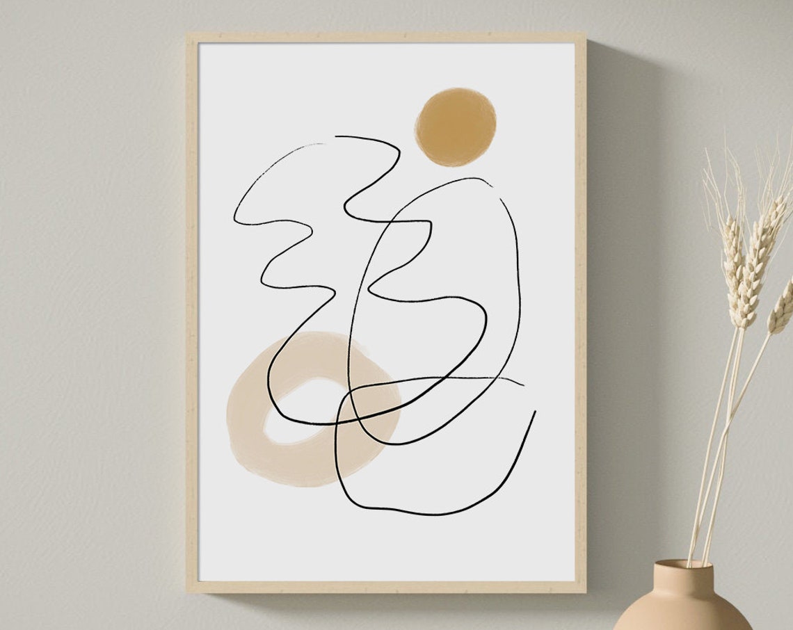 Minimalist Black Line Drawing Beige Circles Neutral Wall Art