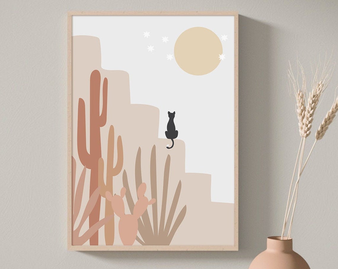 Beige Cactus and Cat Abstract Art Print - Image 3