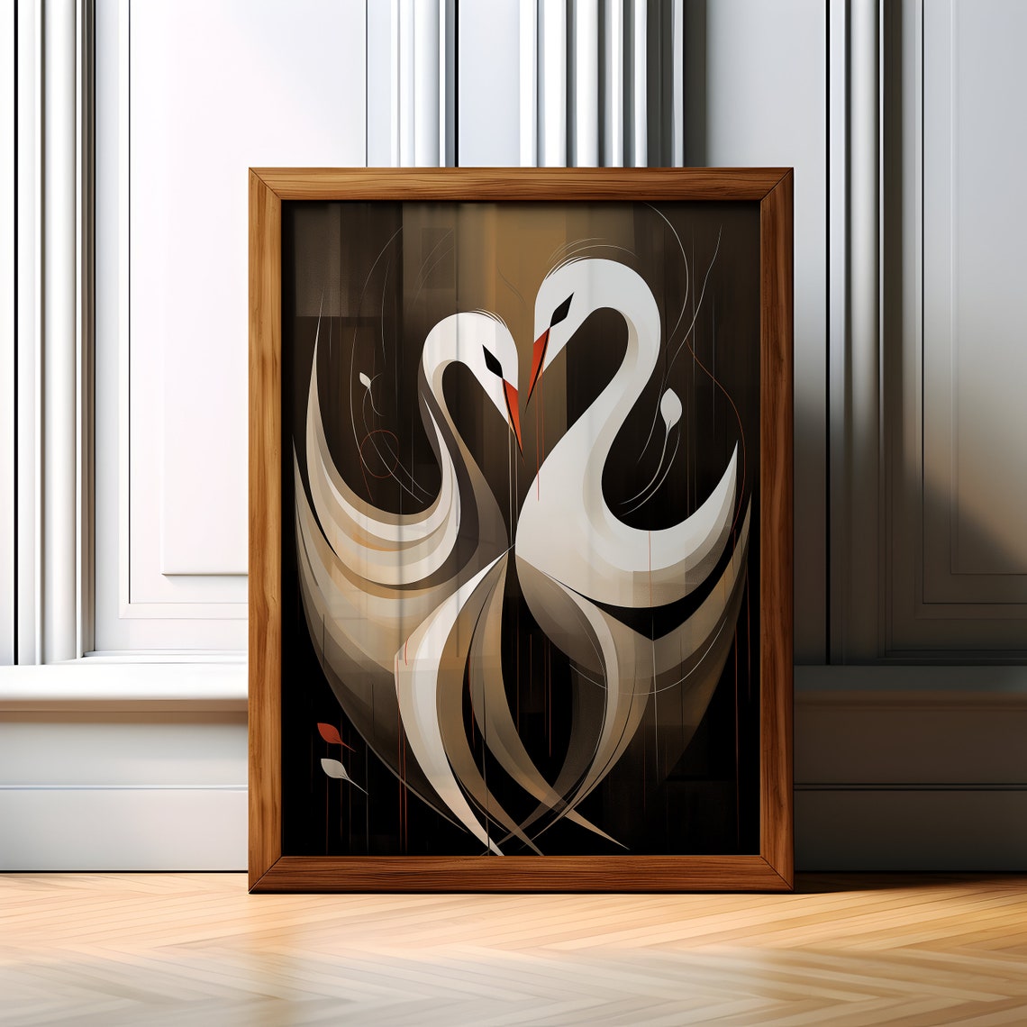 White Swan Pair Abstract Elegant Bird Lovers Wall Print Decor