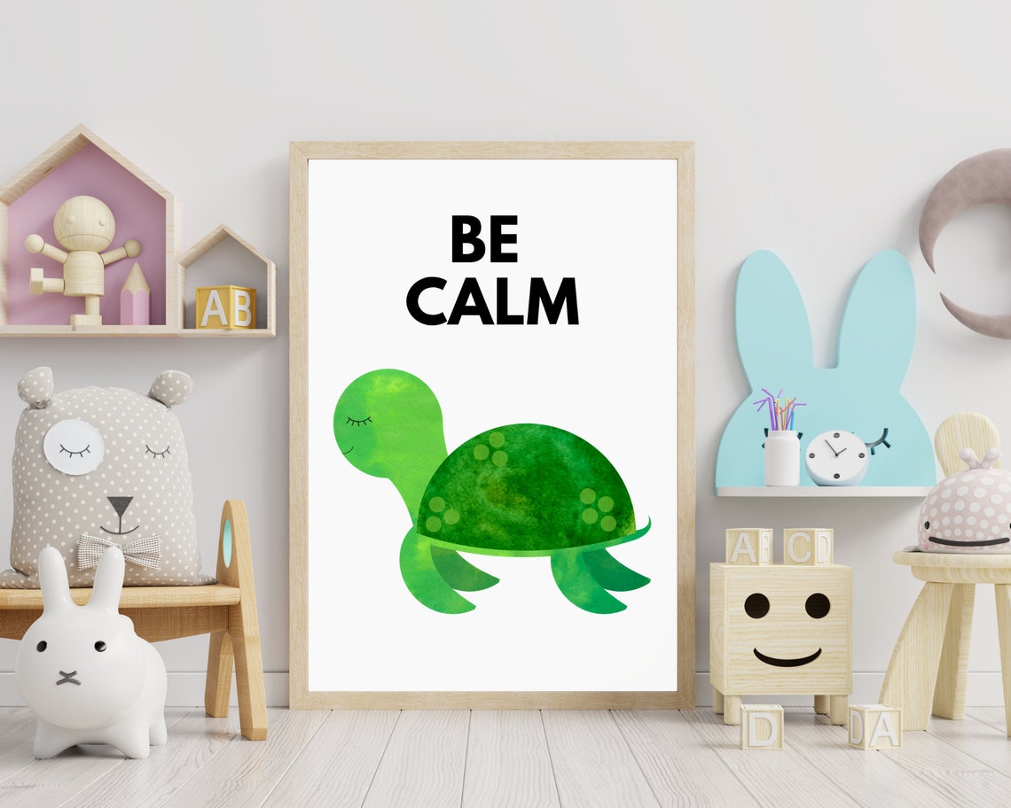 Be Calm Sweet Green Watercolor Turtle Nursery Affirmation Poster - Image 3