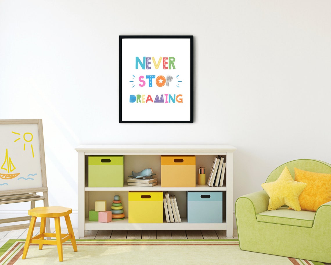 Never Stop Dreaming Rainbow Patterned Hand Lettering Kids Poster - Image 2