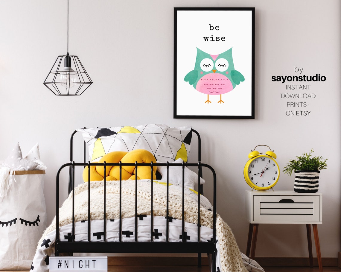 Be Wise Sweet Teal Pink Watercolor Owl Nursery Affirmation Poster - Image 3