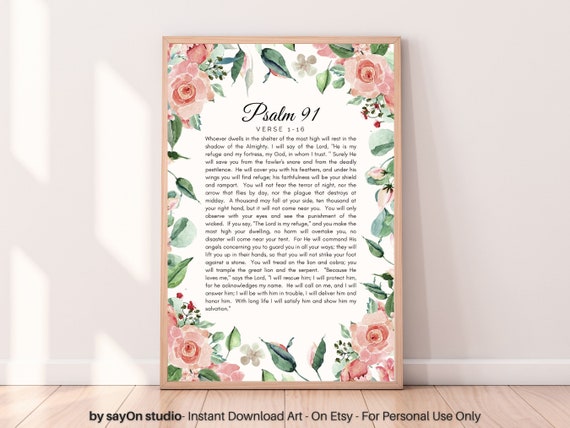 Psalm 91, Pink Blush Floral Margin Poster Print