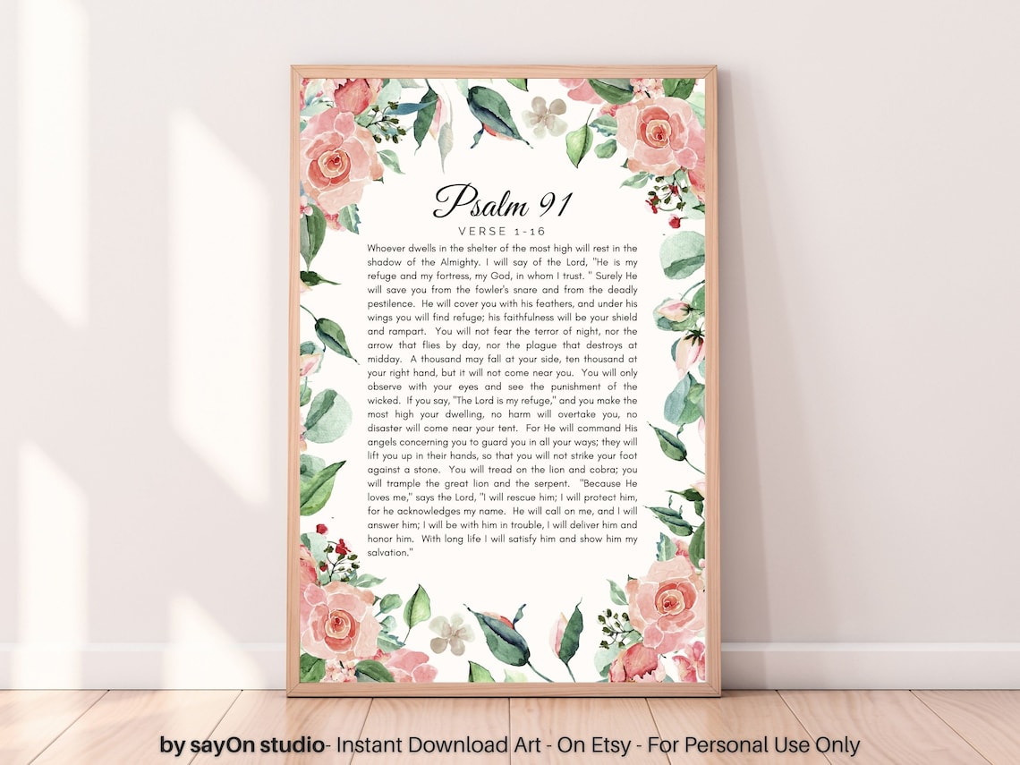 Psalm 91, Pink Blush Floral Margin Poster Print