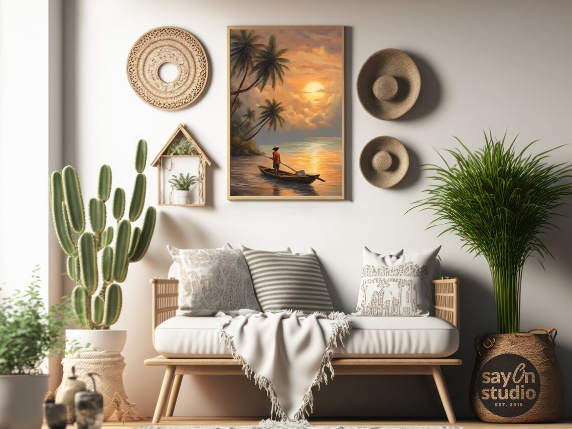 Tropical Fisherman Sunset Palm Beach Ocean Painting Coastal Art Poster - Image 4