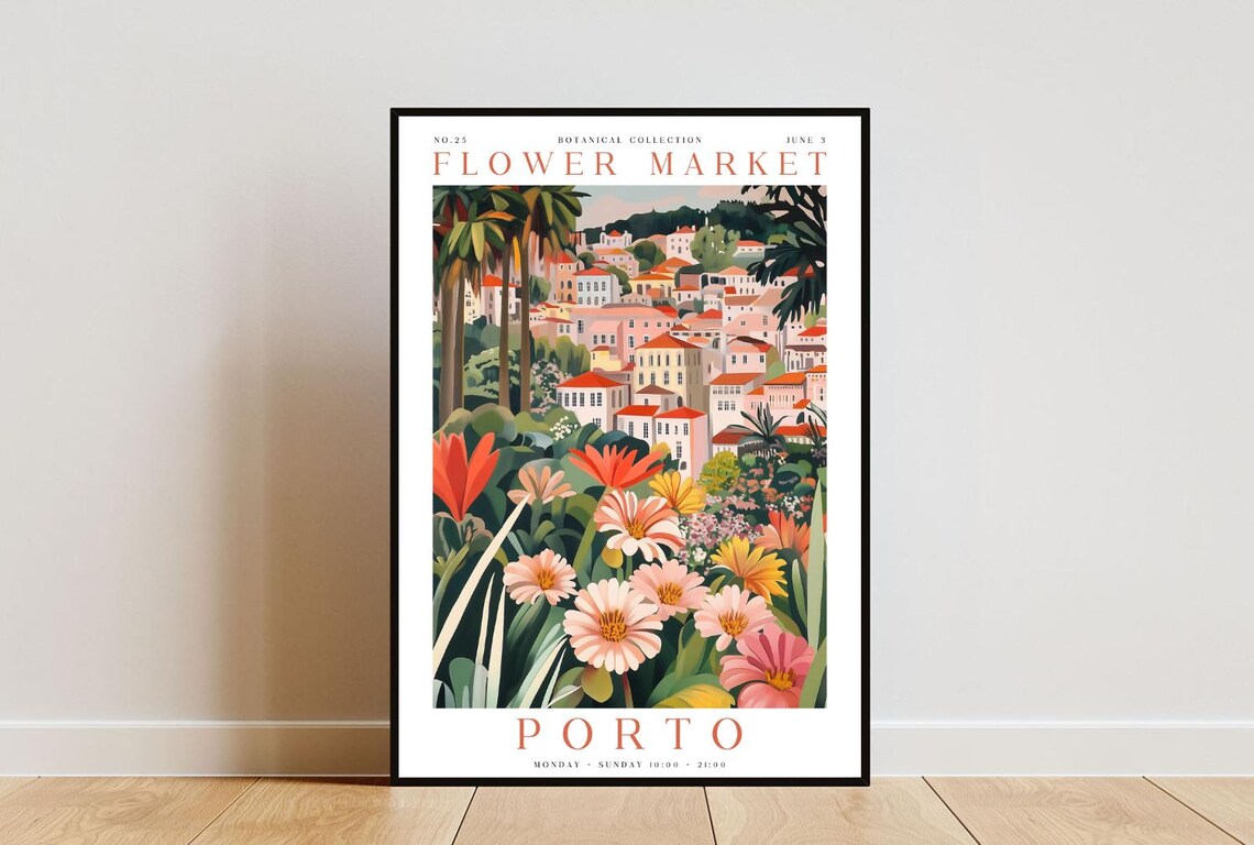 Porto Flower Market Poster, Botanical Travel Poster