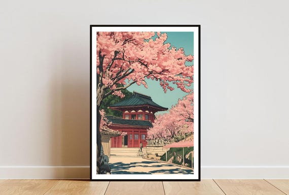 Vintage Japanese Poster Japanese Print Retro Japan Wall Art Japanese Poster Cherry Blossom Art Temple Poster Retro Japanese Wall Art