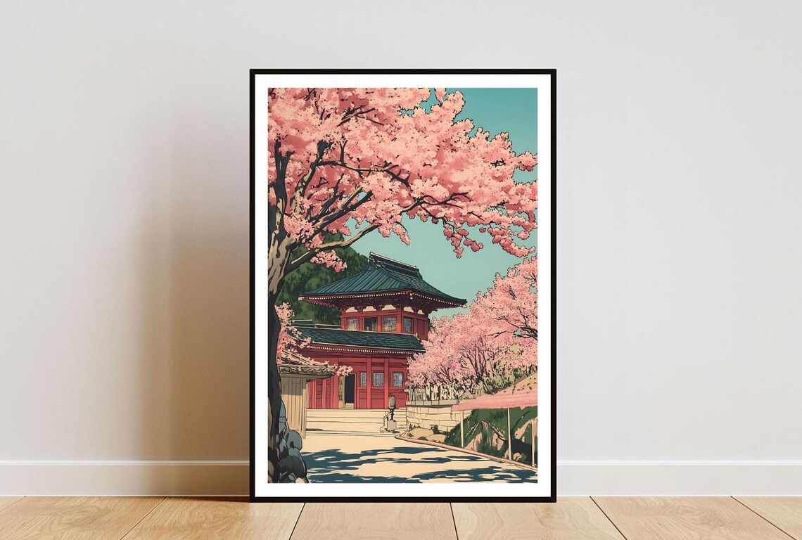 Cherry Blossom Japanese Red Temple Spring Day Ukiyo-e Poster
