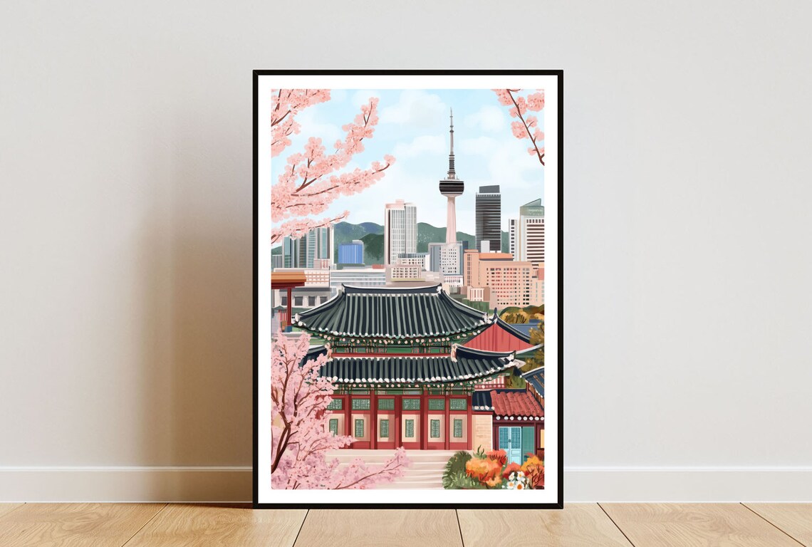 Seoul South Korea Cherry Blossom Palace City Skyline Travel Poster
