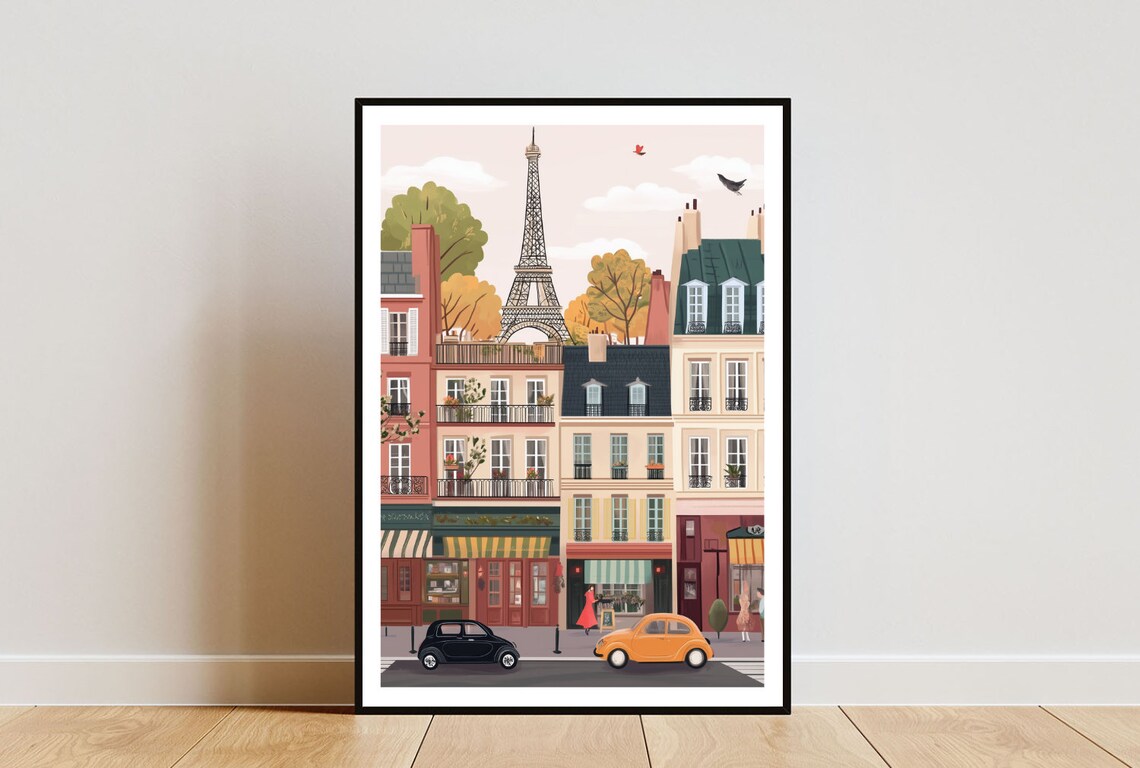 Paris France Eiffel Tower Rooftop Street Scene Travel Poster