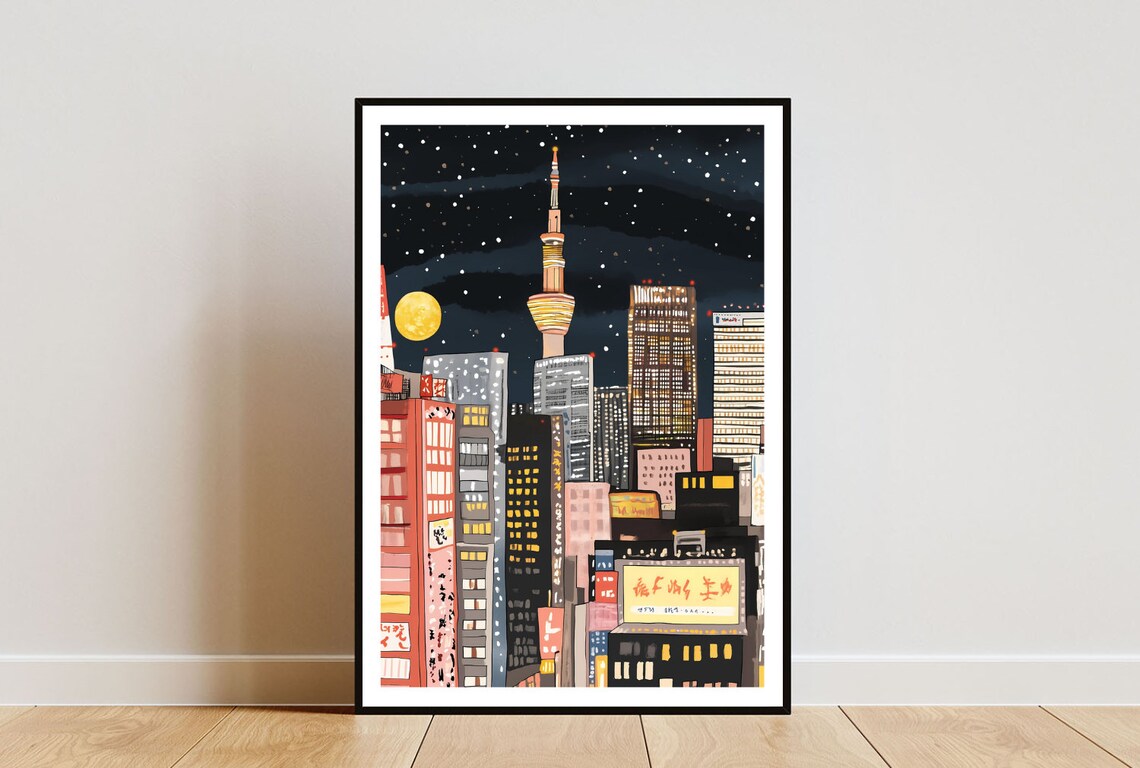 Japanese Night City Skyline with Tower Moon and Stars Poster