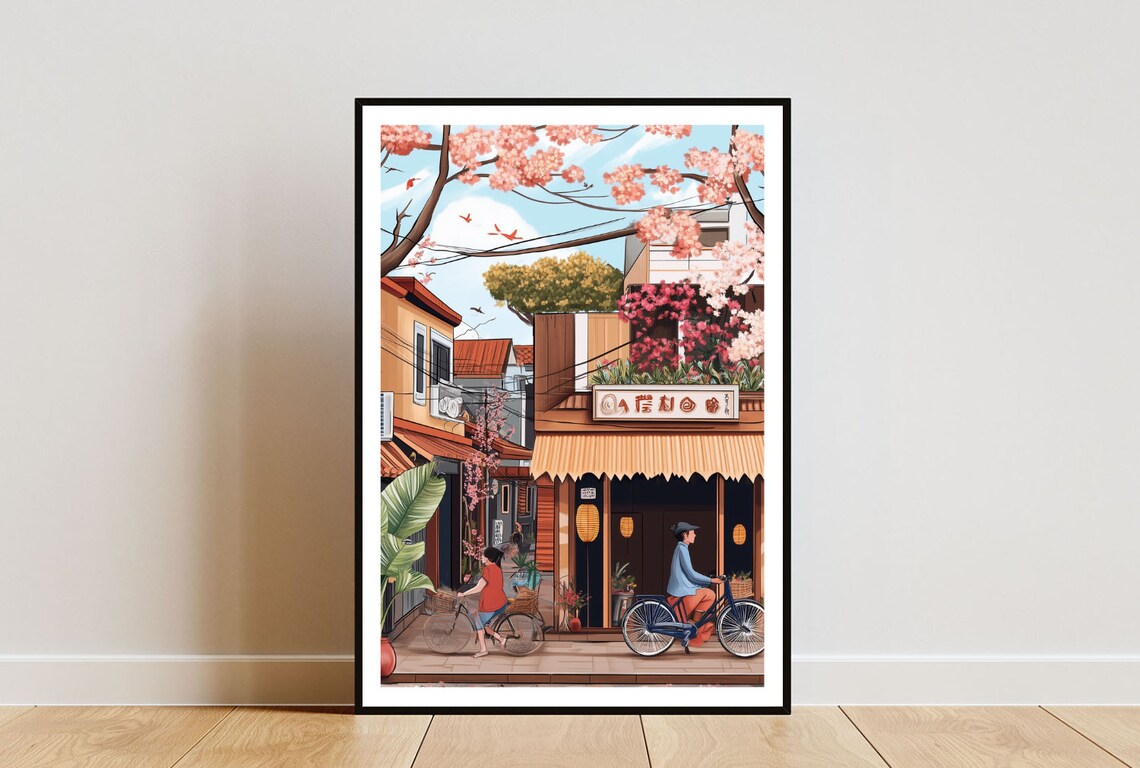 Hanoi Vietnam Blossom Street Cyclists Travel Illustration Poster