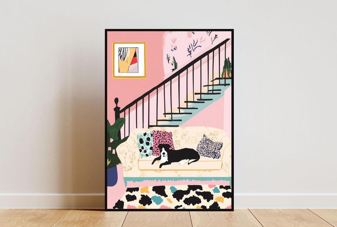 Black Dog Resting On Sofa Pink Boho Living Room Illustration Poster