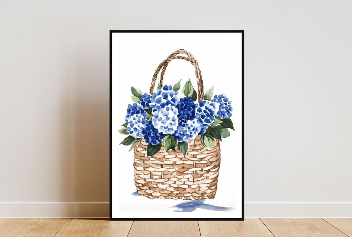 Blue Hydrangea Wicker Basket Soft Watercolor Floral Wall Poster