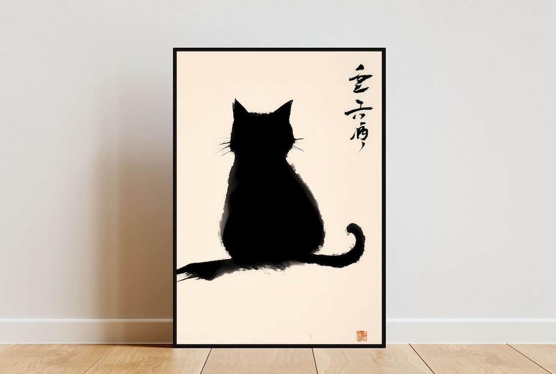 Vintage Japanese Cat Poster, Oriental Decor Art Print