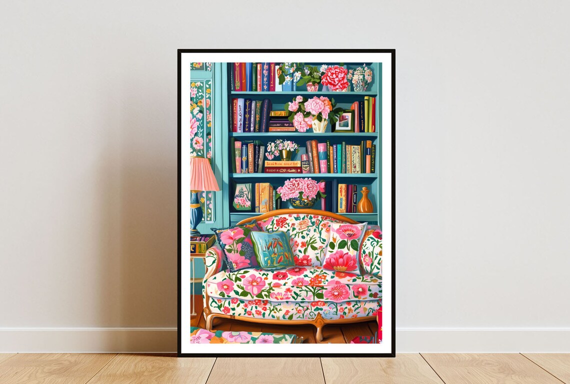 Book Poster, Boho Floral Print, Library Wall Art
