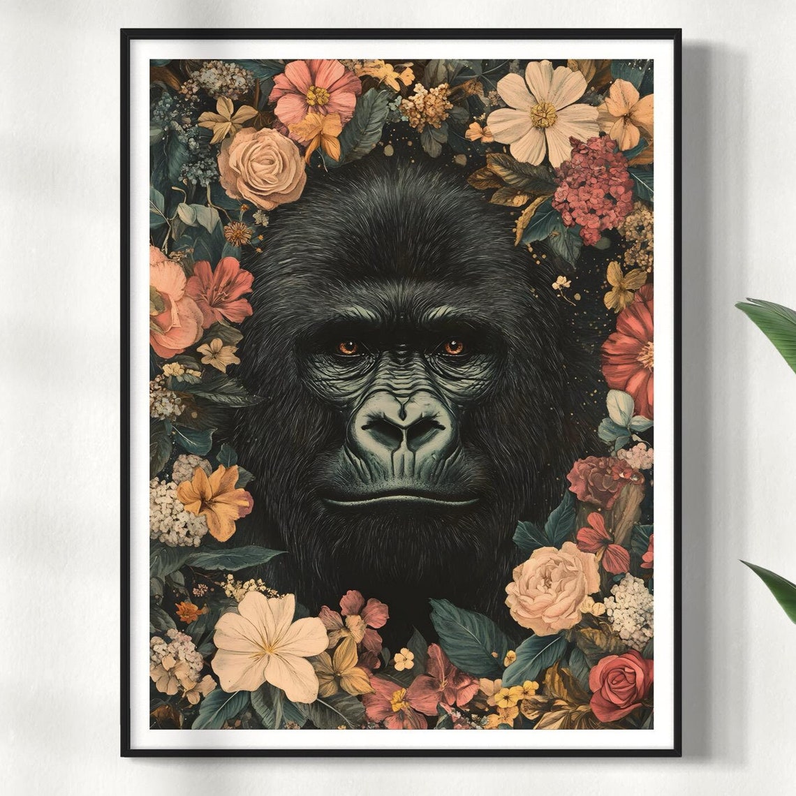 Gorilla Face Colorful Blooming Flower Jungle Wildlife Portrait Poster