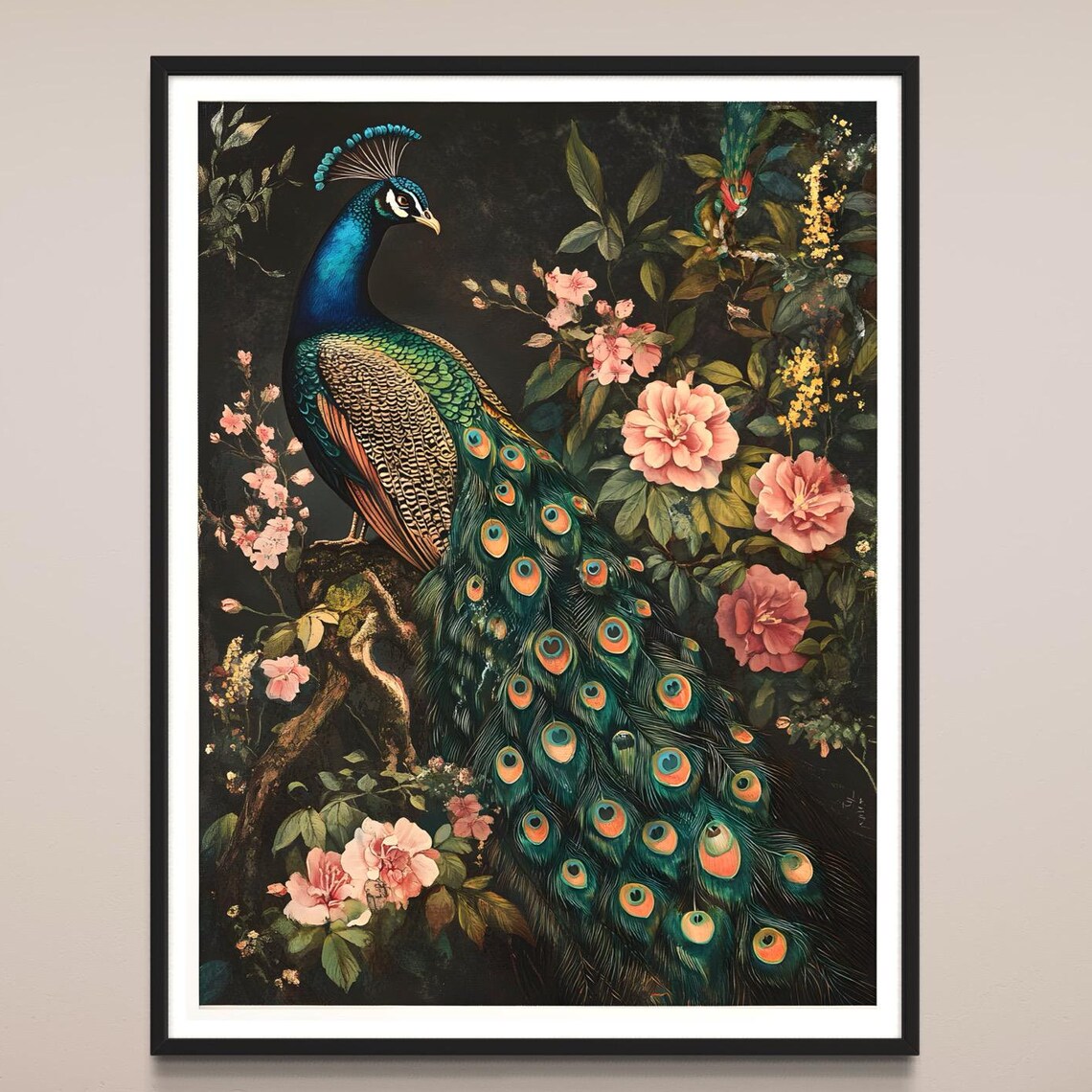 Peacock Tail Feathers Pink Flowers Dark Vintage Bird Portrait Poster