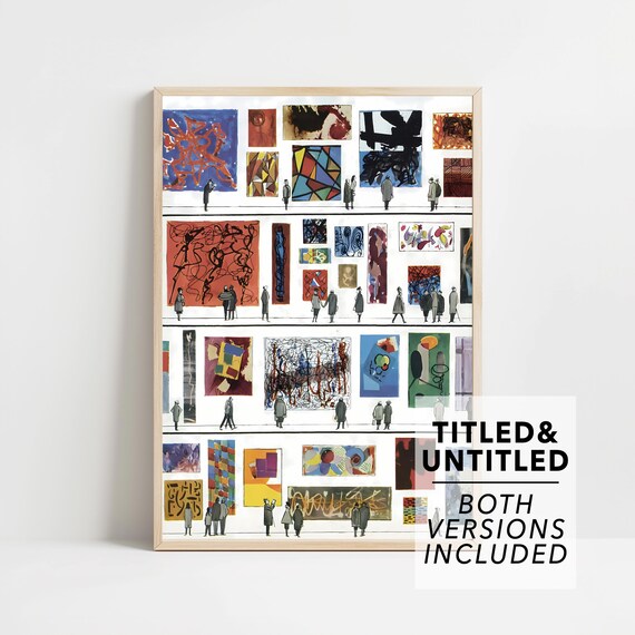 Tiny Viewers Admiring Colorful Abstract Art In Modern Gallery Poster