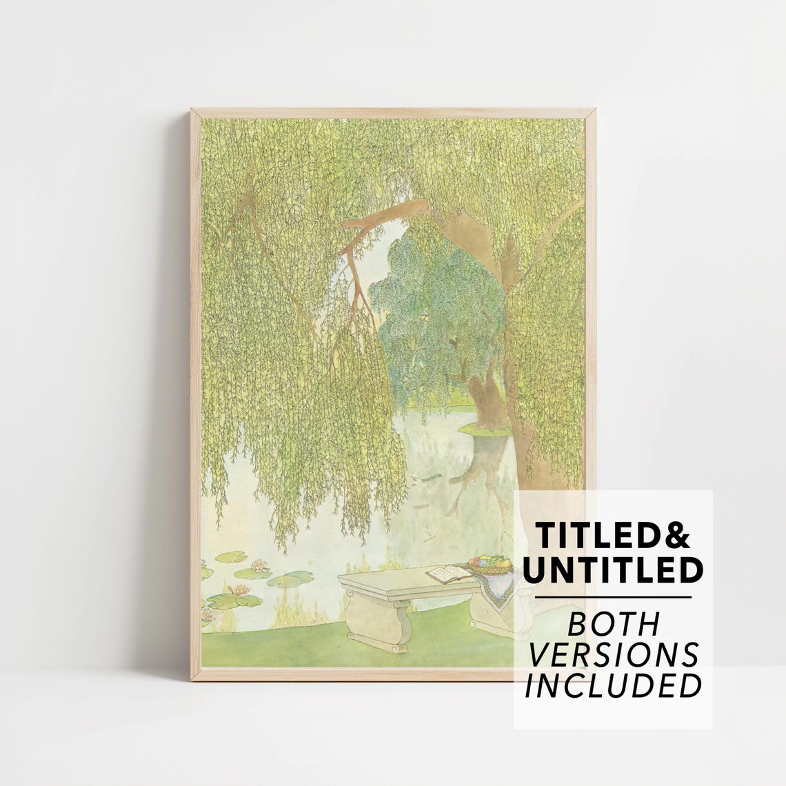 Willow Trees Over Lily Pond Stone Bench Garden Watercolor Poster