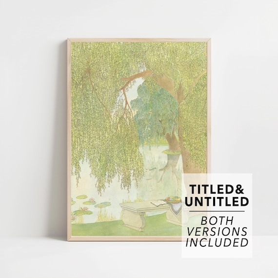 Willow Trees Over Lily Pond Stone Bench Garden Watercolor Poster