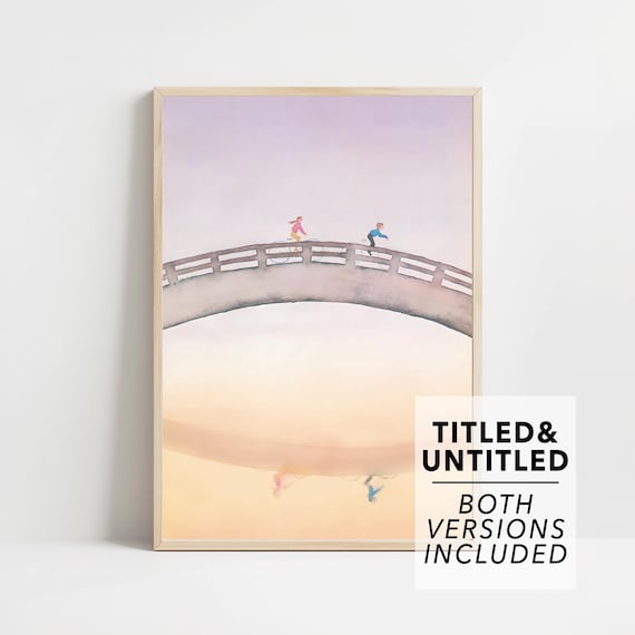 Two Cyclists Crossing Arched Bridge Dawn Minimal Watercolor Poster