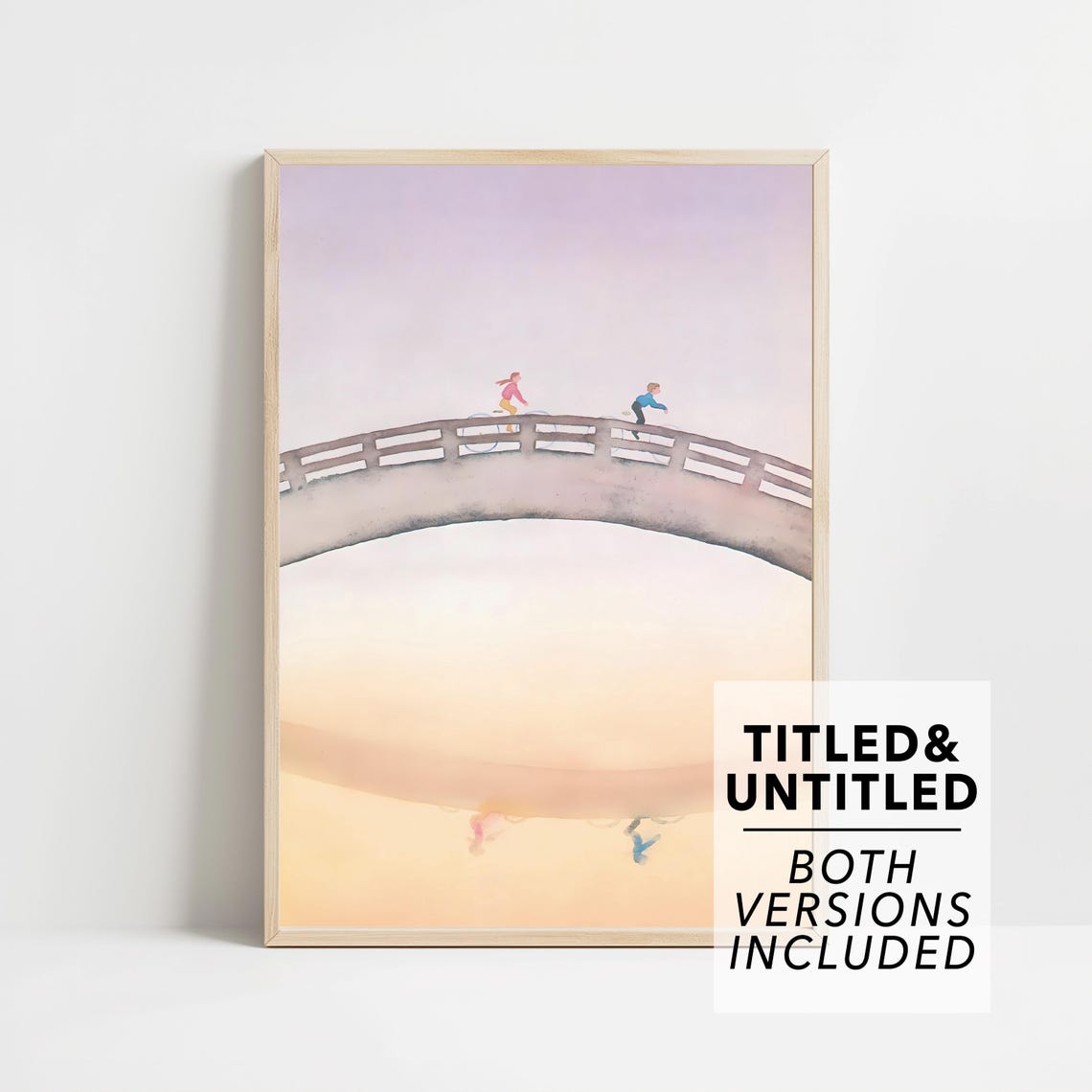 Two Cyclists Crossing Arched Bridge Dawn Minimal Watercolor Poster