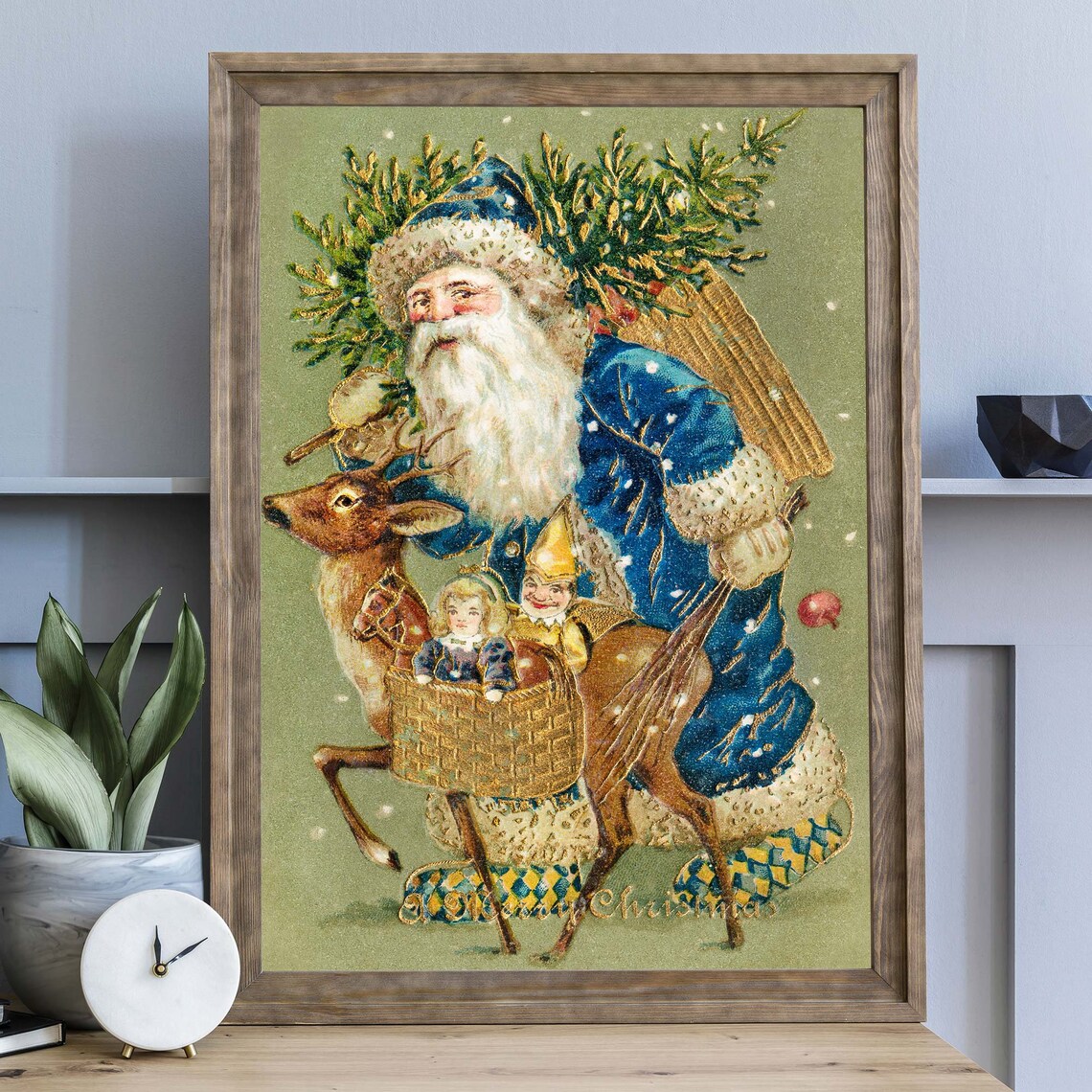 Vintage Santa Claus In Blue Coat Riding Reindeer Merry Christmas Poster - Image 2