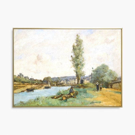 Vintage Landscape River Art Print Riverside Oil Painting Farmhouse Decor Countryside Painting