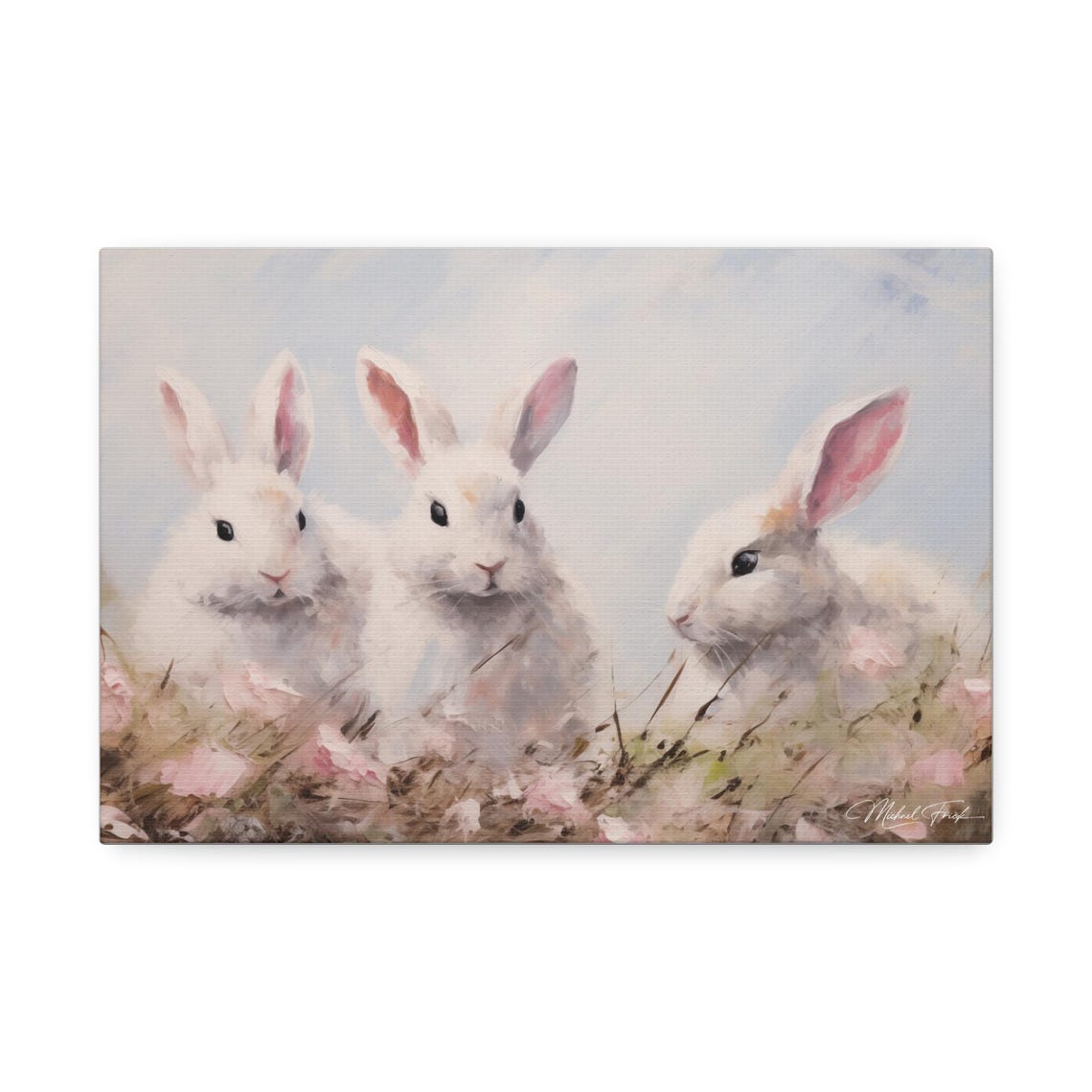 Three Fluffy White Bunnies Among Pink Meadow Flowers Art Print - Image 2