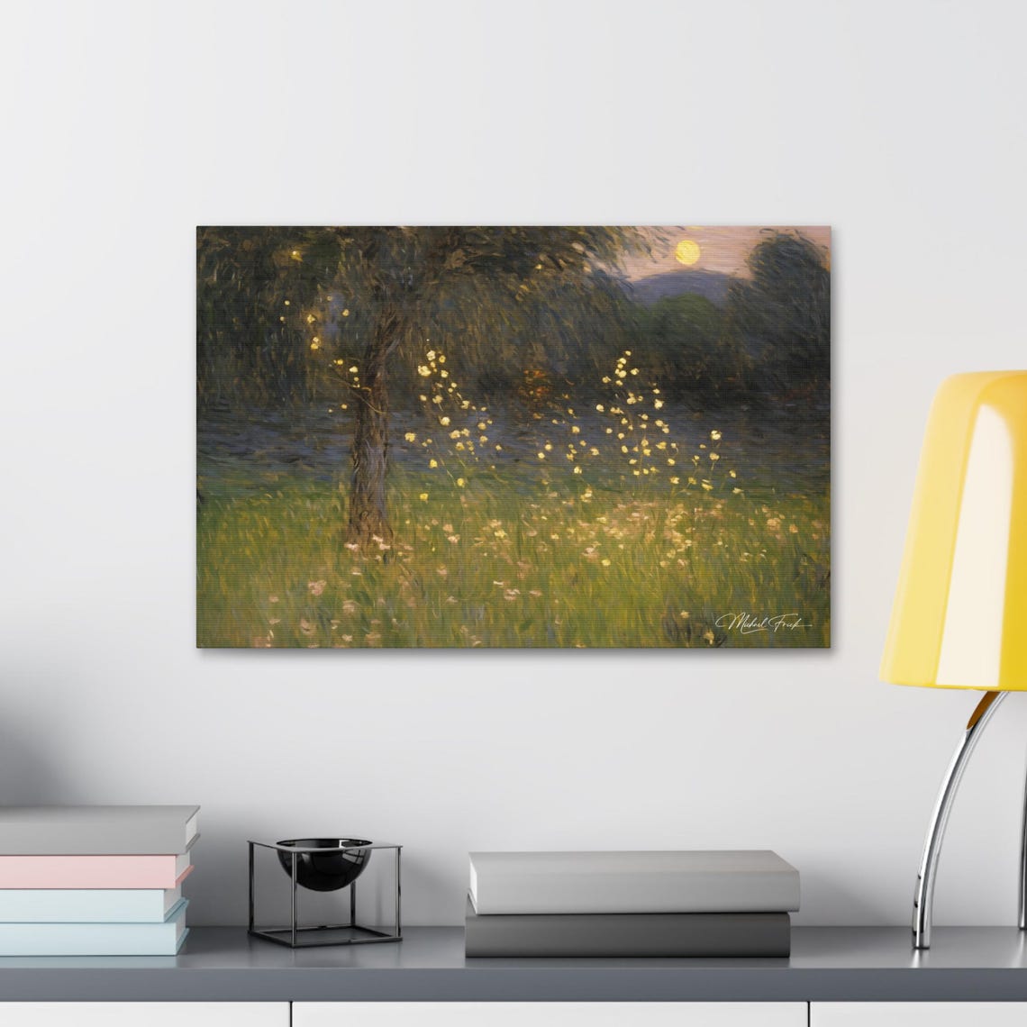 Fireflies Glowing Over A Moonlit Meadow At Twilight Wall Art