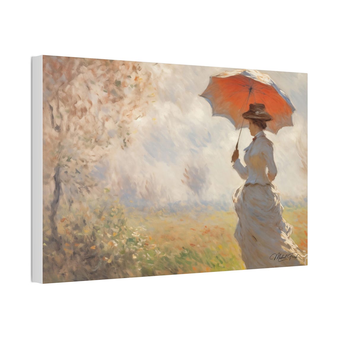 Lady With Red Parasol Walking Through Meadow Classic Art Poster - Image 4