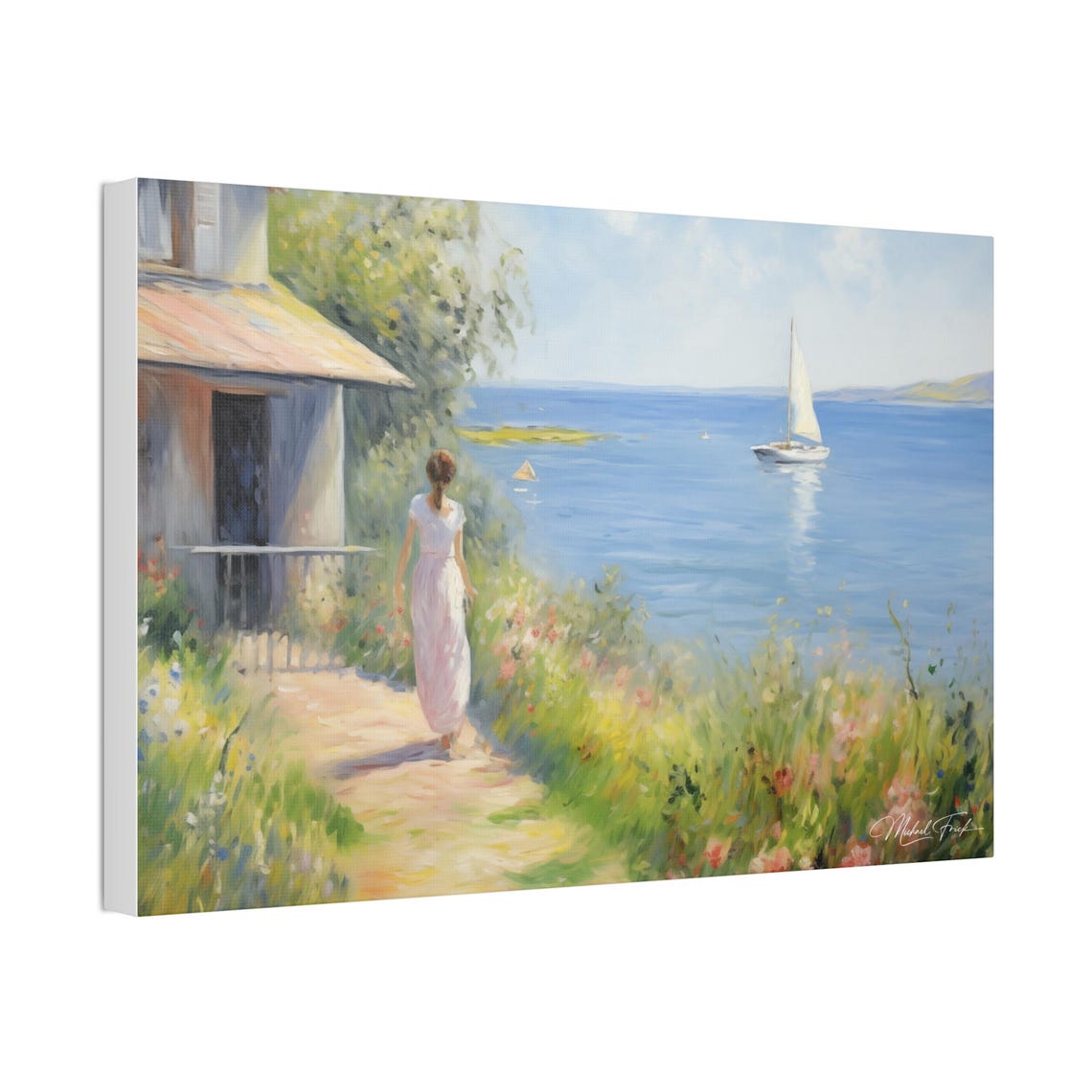 Woman Strolling Toward The Sea With Sailboat Coastal Wall Art - Image 4