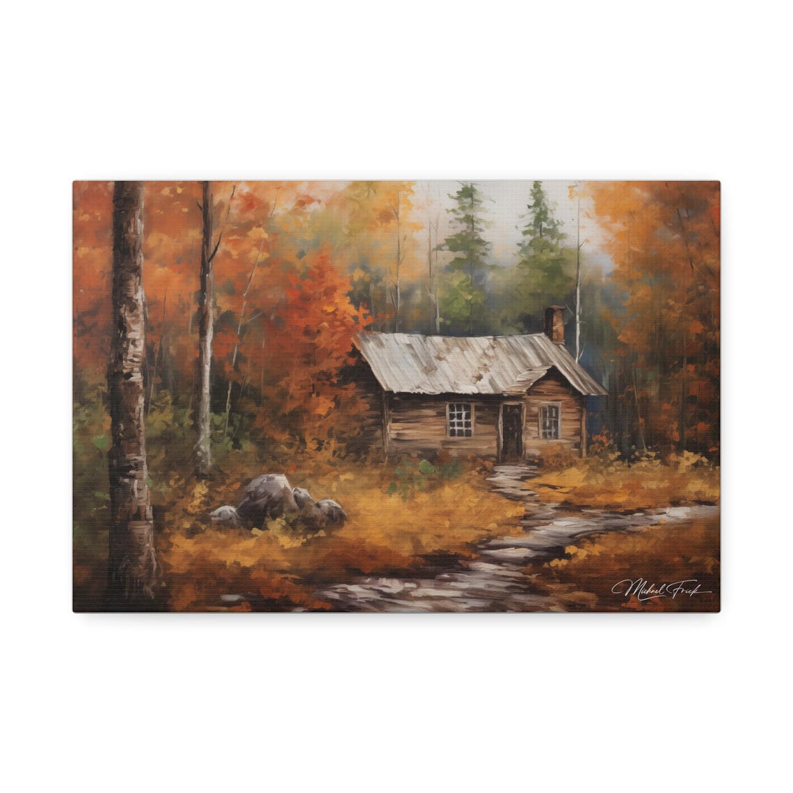 Cozy Log Cabin in Autumn Woods by Stream Fall Foliage Poster - Image 2
