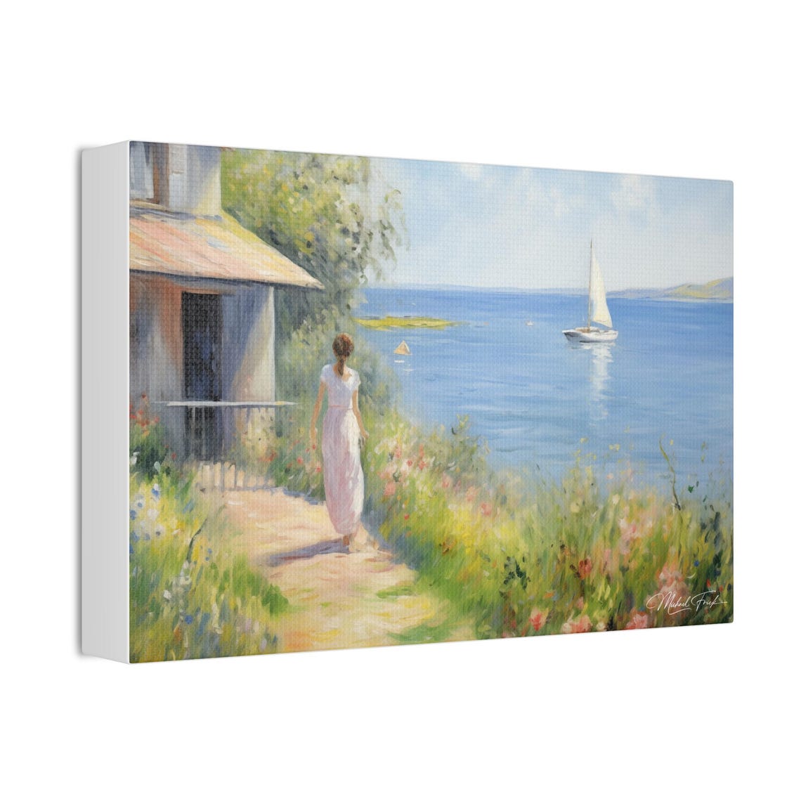 Woman Strolling Toward The Sea With Sailboat Coastal Wall Art - Image 3