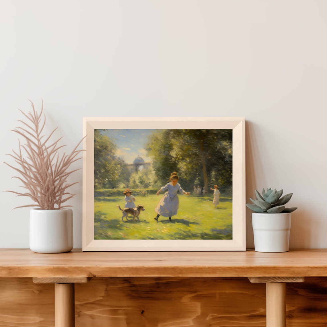 Children Playing With Their Dog In A Sunny Summer Park Art Poster - Image 4