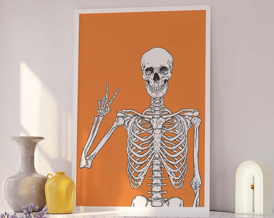 Skeleton Print Art Cute Orange Halloween Wall Decor Trendy Halloween Wall Art Spooky Season Poster