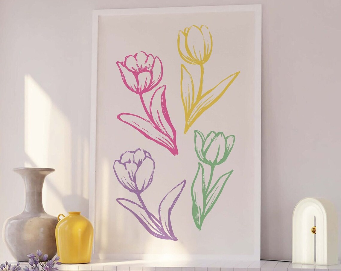 Line Art Tulips Pink Yellow Purple Green Sketch Floral Art Poster