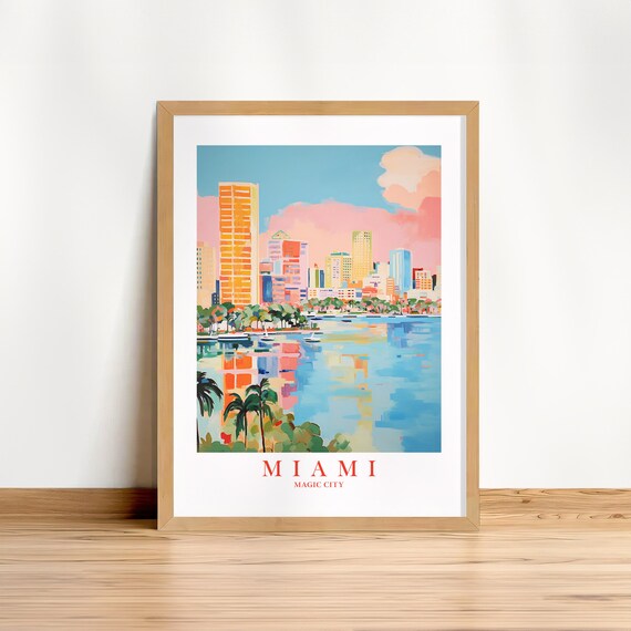 Miami Travel Wall Art Magic City Skyline Print Pink Orange Teal Florida Landscape Painting Dorm Decor Instant
