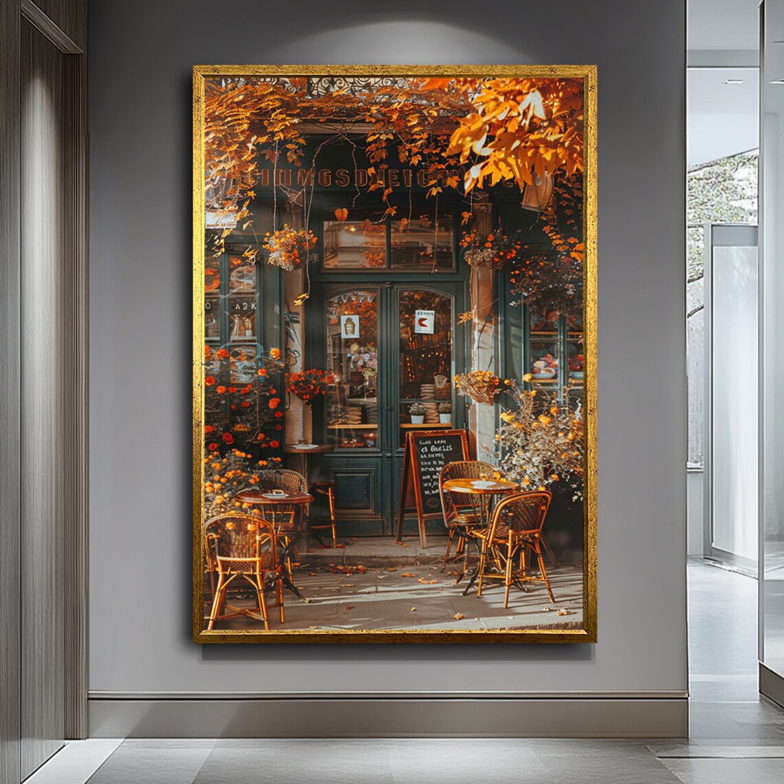 Parisian Cafe Autumn Golden Leaves Charming Street View Poster