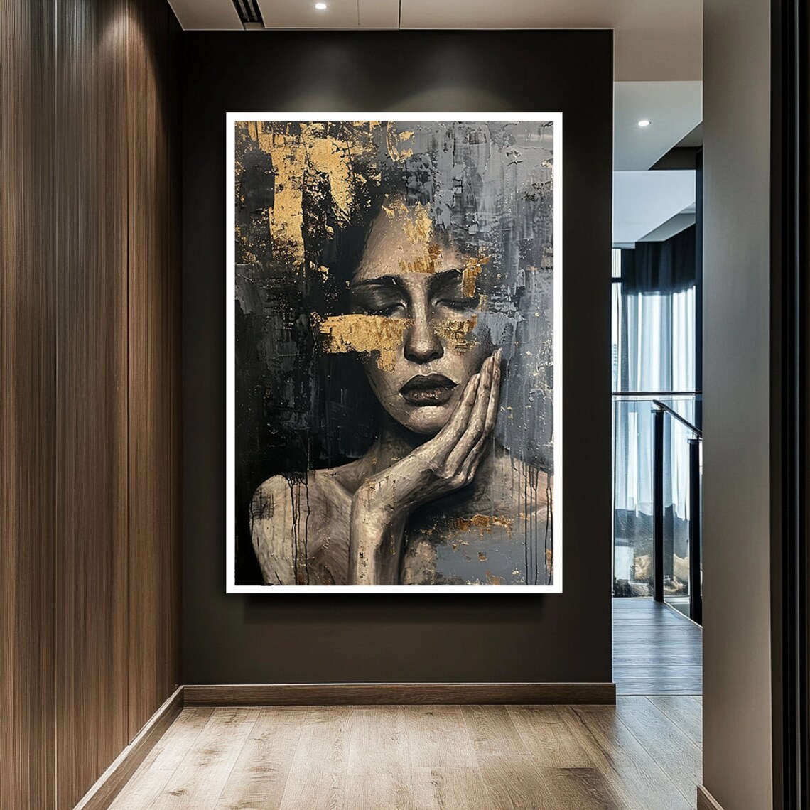 Woman Portrait Gold Leaf Black Gray Dramatic Modern Art Poster - Image 3