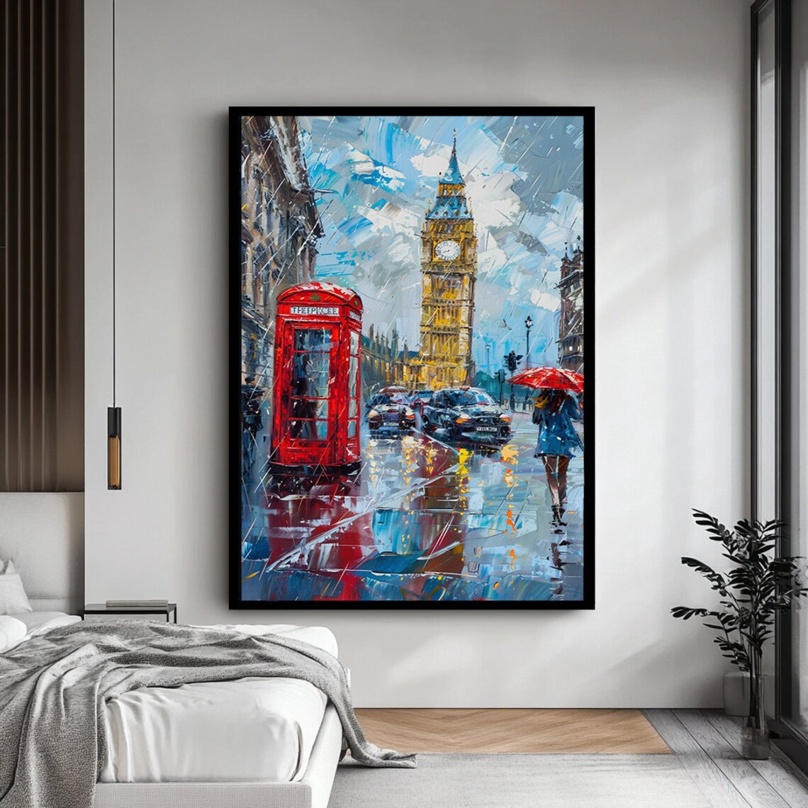 London Big Ben Red Phone Box Rainy Street Oil Painting Poster - Image 4