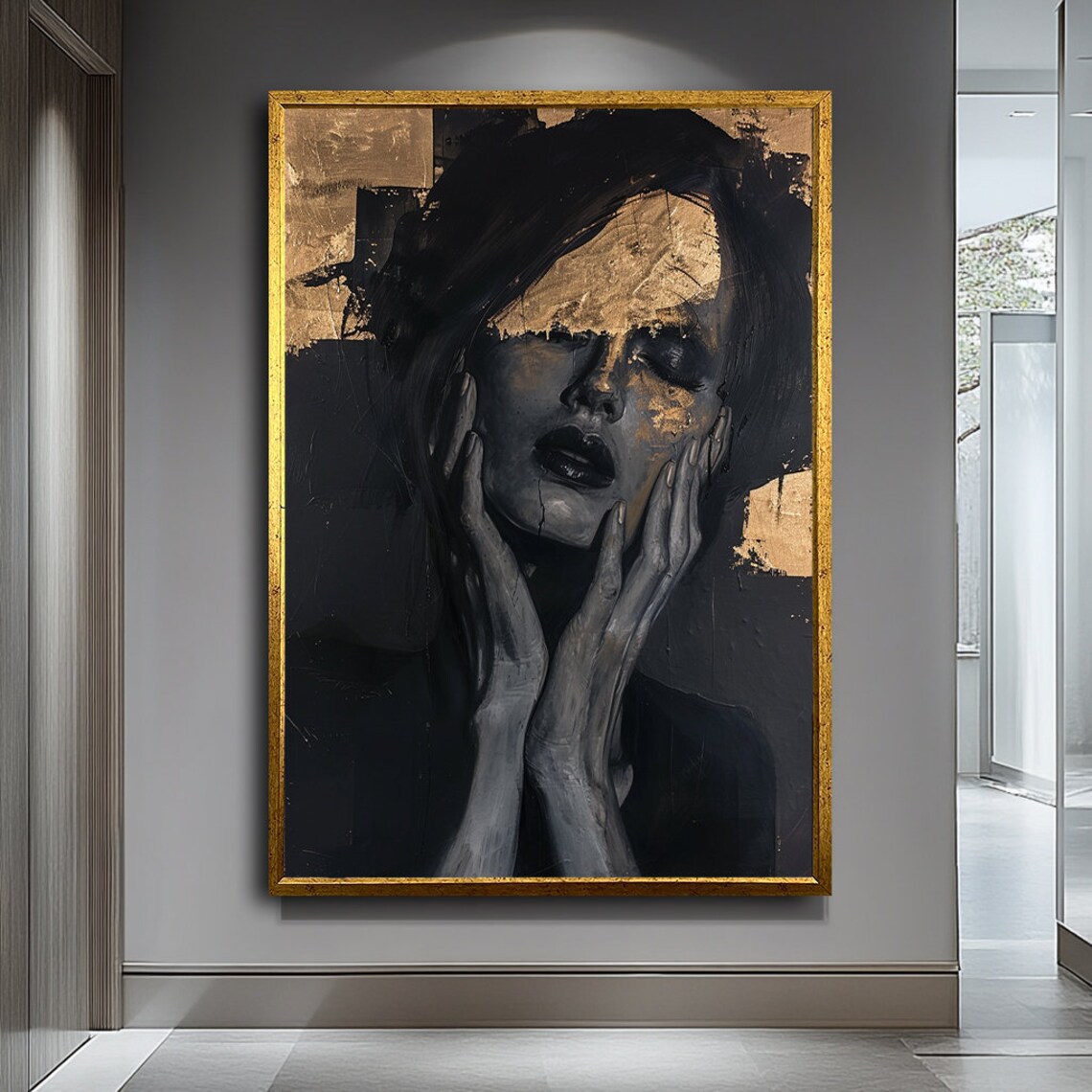 Dark Moody Woman Portrait Gold Leaf Hands To Face Art Poster