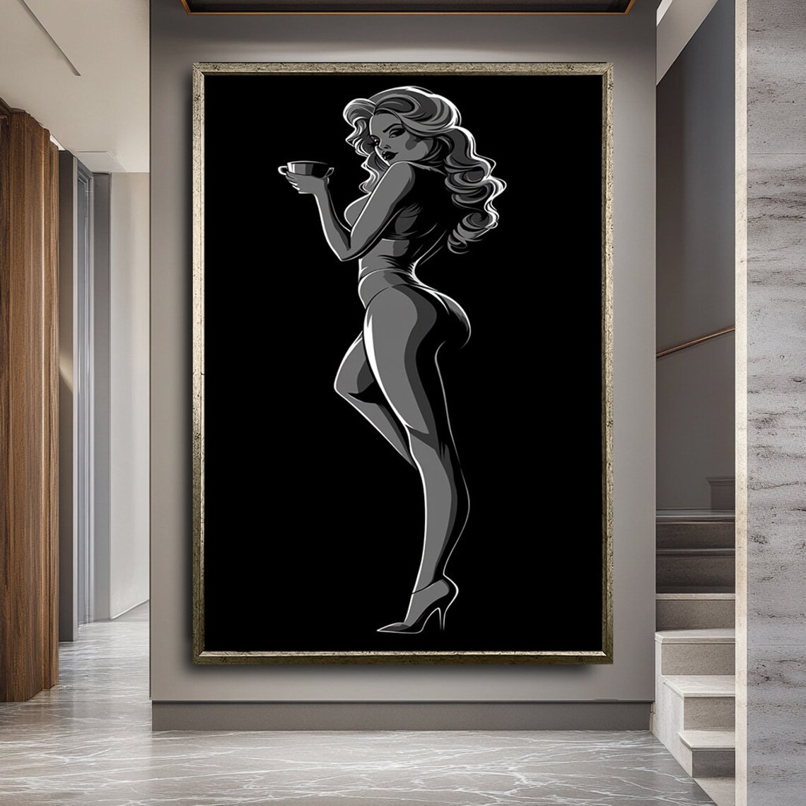 Pop Art Woman Coffee Cup Black White Silhouette Vintage Glamour Wall Poster - Image 2