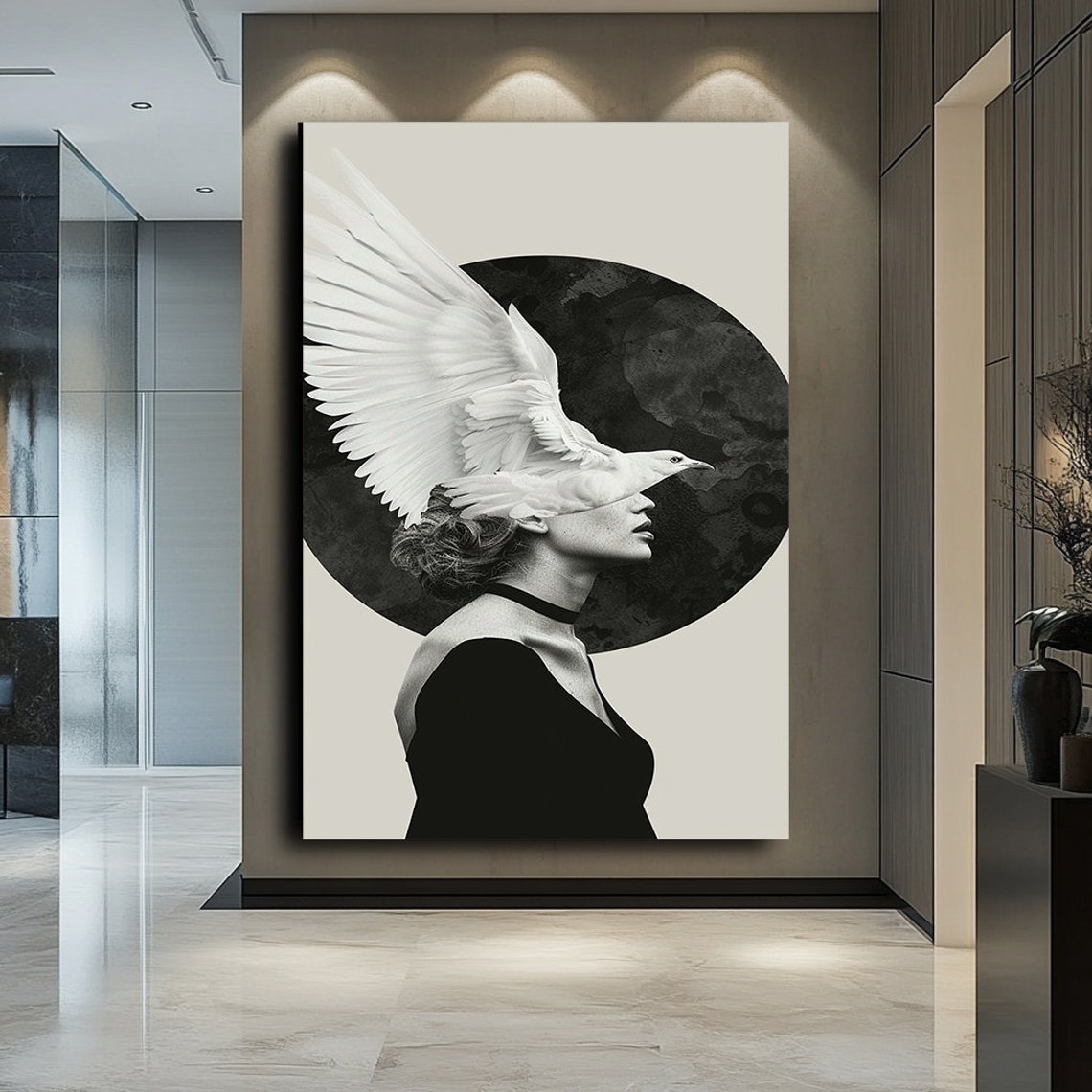 Woman White Dove Bird Over Face Surreal Black White Art Poster