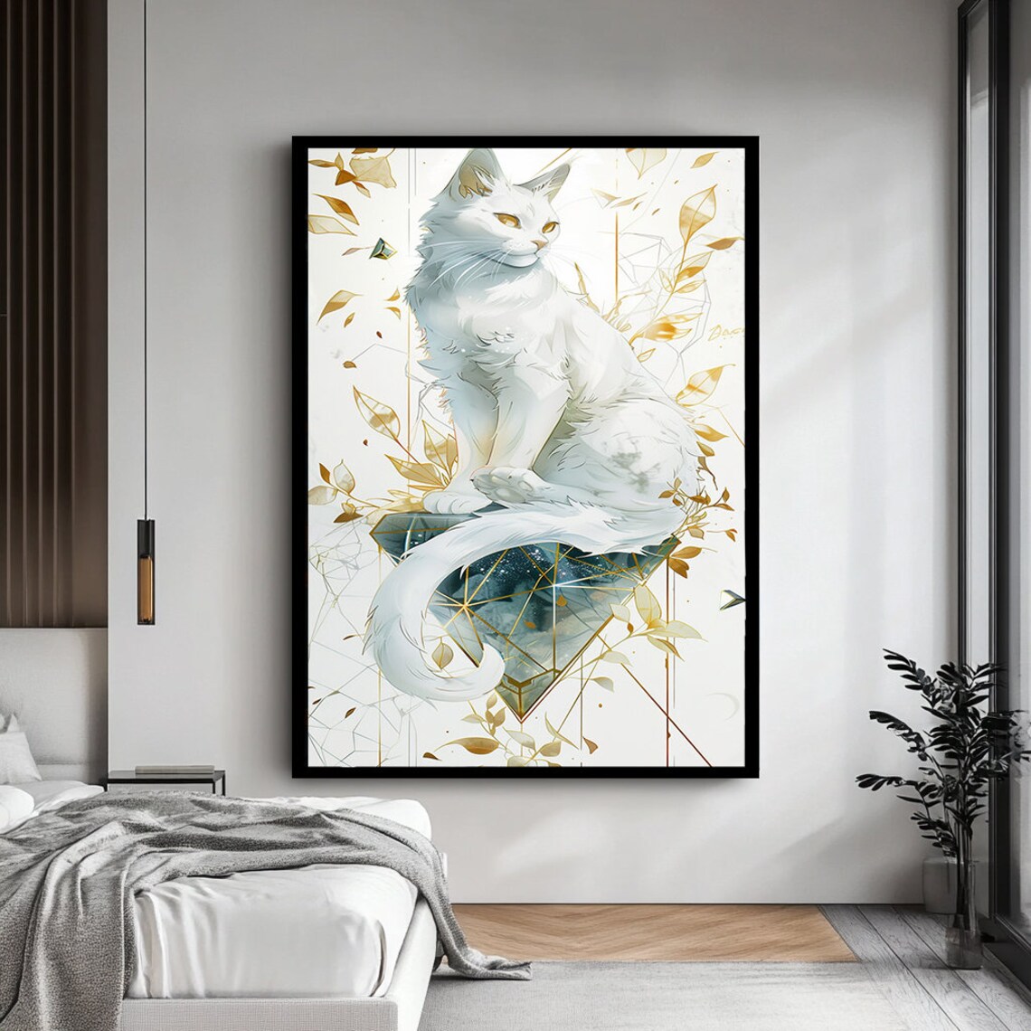 Elegant White Cat Golden Leaves Geometric Feline Portrait Poster - Image 4