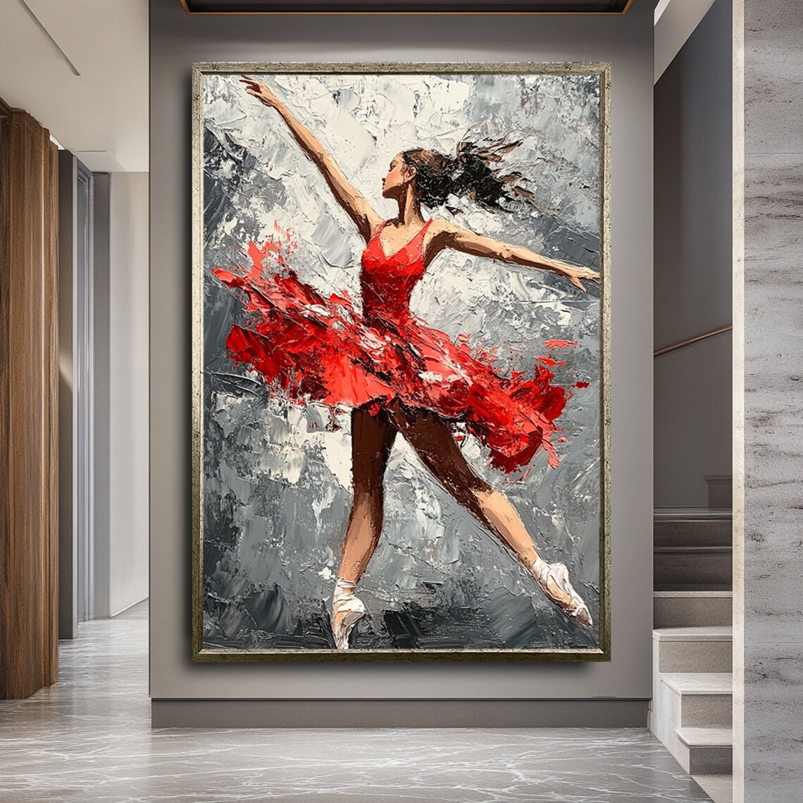 Ballet Dancer In Flowing Red Dress Dynamic Leap Abstract Gray Art Poster - Image 2