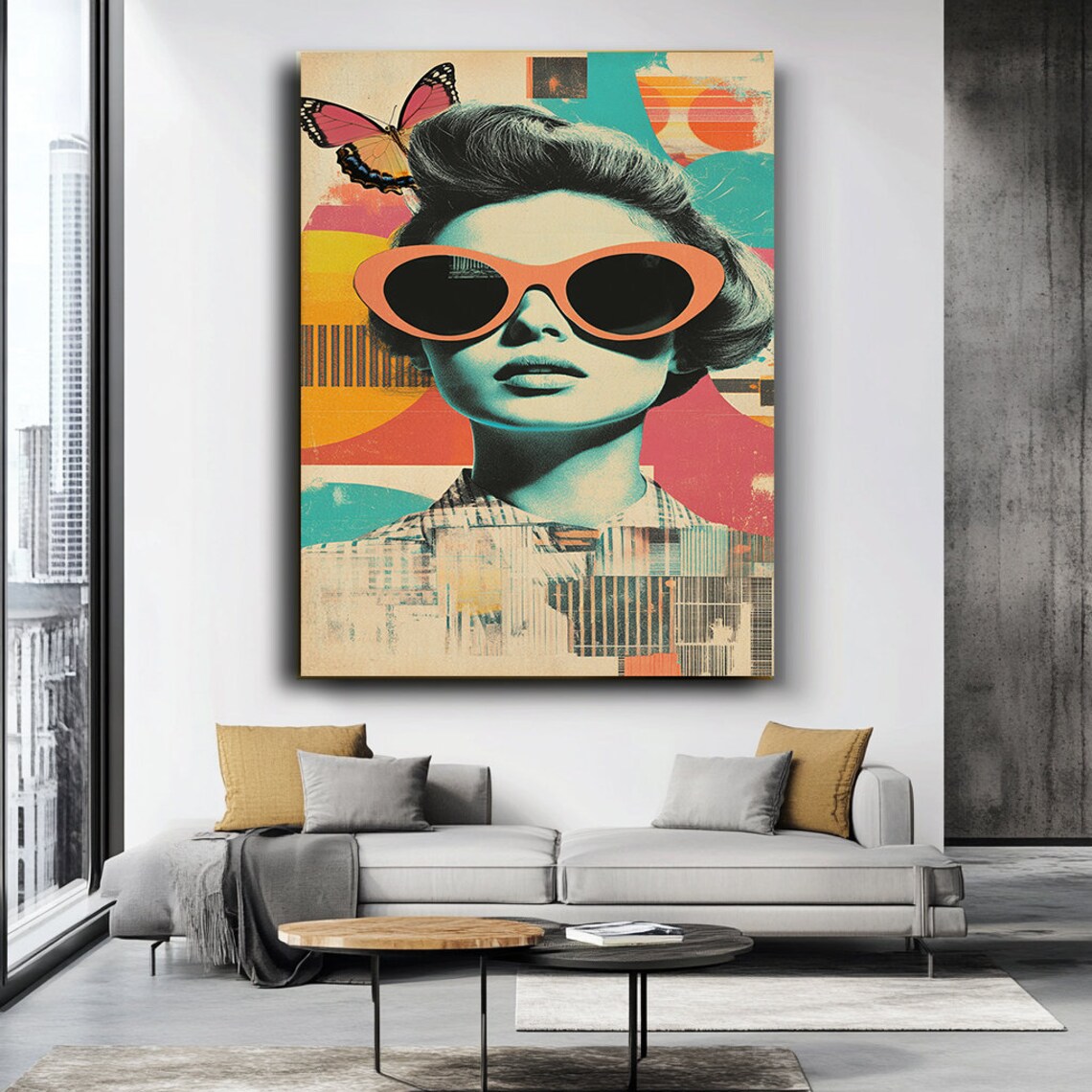 Pop Art Woman Orange Sunglasses Retro Collage Butterfly Bold Wall Art - Image 3